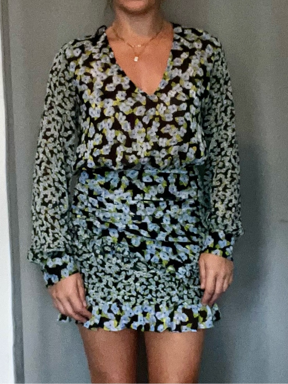 Floral V-Neck Long-Sleeve Mini Dress - Blue/Green XS